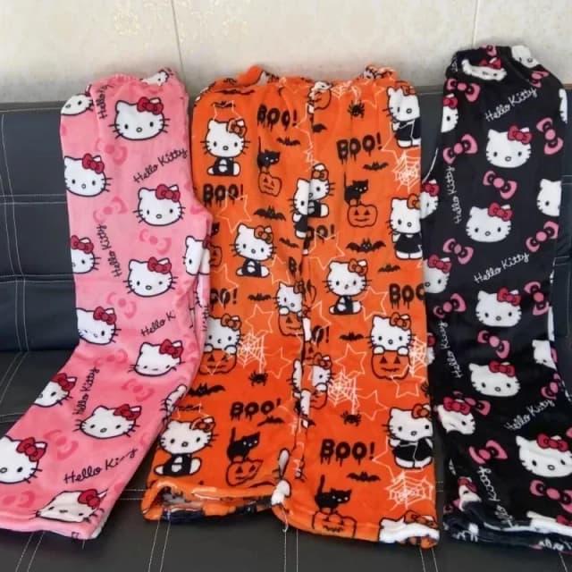 miniso Sanrio Hello Kitty Flannel Pajamas Black Women's Warm Woolen Cartoon Casual Home Pants In Autumn Winter Fashion Trousers