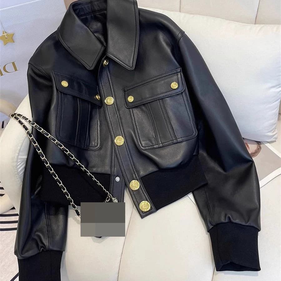 Black ribbed jacket top women's short 2025 autumn new coat  leather jacket women winter jacket