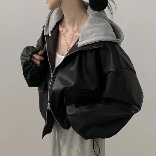 Retro Zipper Large ket ort Hooded Leather Jaet Women's Coat Casual Loose Fit Long Sve Autumn Faion Ladies' Wear