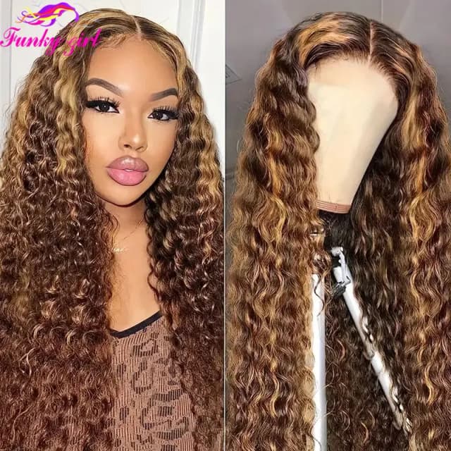 Highlight Honey Blonde Water Wave Lace Front Human Hair Wigs 13x4 Transparent Lace Frontal Wig Deep Curly Ombre 4/27 Lace Wigs