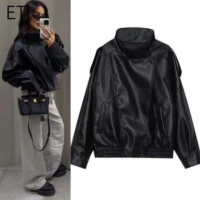 ETJ 2025 new women's fashion loose version of standing collar imitation leather jacket street style cool handsome leather jacket