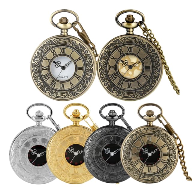 Steampunk Bronze/Silver/Black/Gold Roman Numerals Relief Cover Quartz Pocket Watches Fob Chain Necklace Pendant Pocket Clock