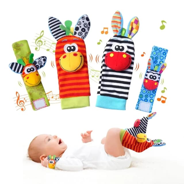 4Pcs Baby Rattles Toys Animal Socks Wrist Strap +Rattle Baby Foot Socks Bug Wrist Strap Toddler Socks Pacifier Toys  0-12 Months