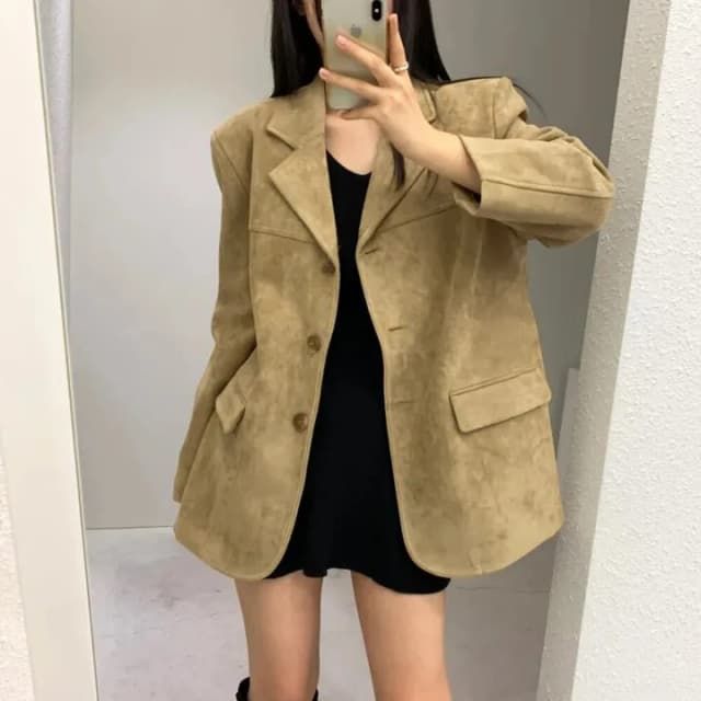 Chic Vintage Women's Leather Jaet Loose Slimming Single Button High-End Feel Deer Skin Velvet Suit Top Commute Sle