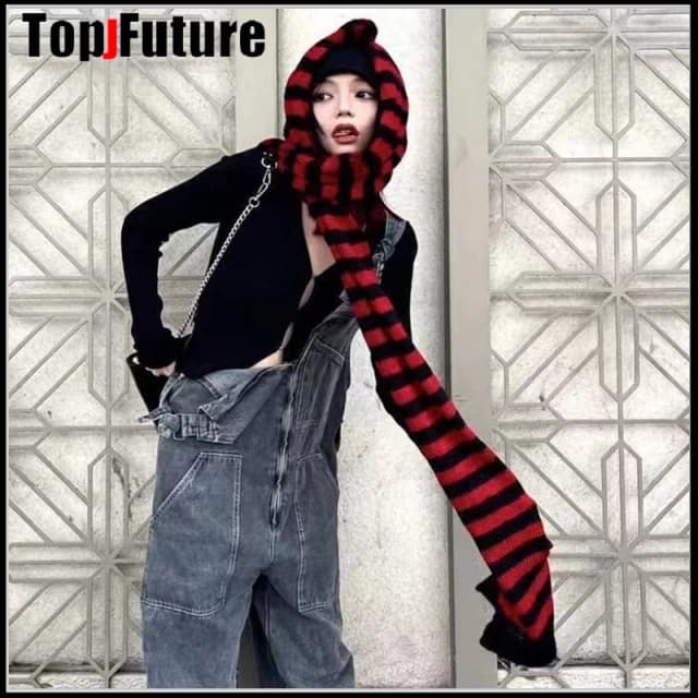 Harajuku Punk Fashion Grey Red Black Striped Scarf Women Girl Winter Warm Knitted Scarves Streetwear